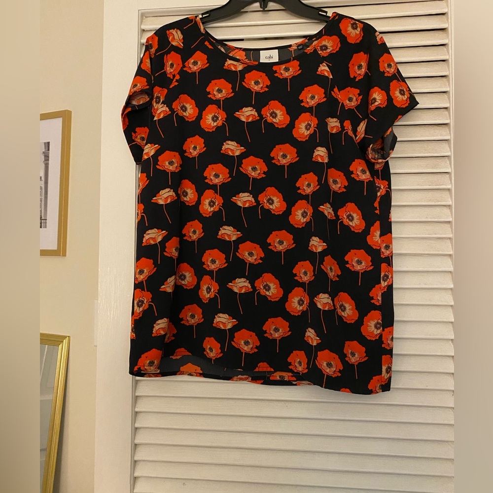 CAbi Black Blouse with Bright Orange Floral Print